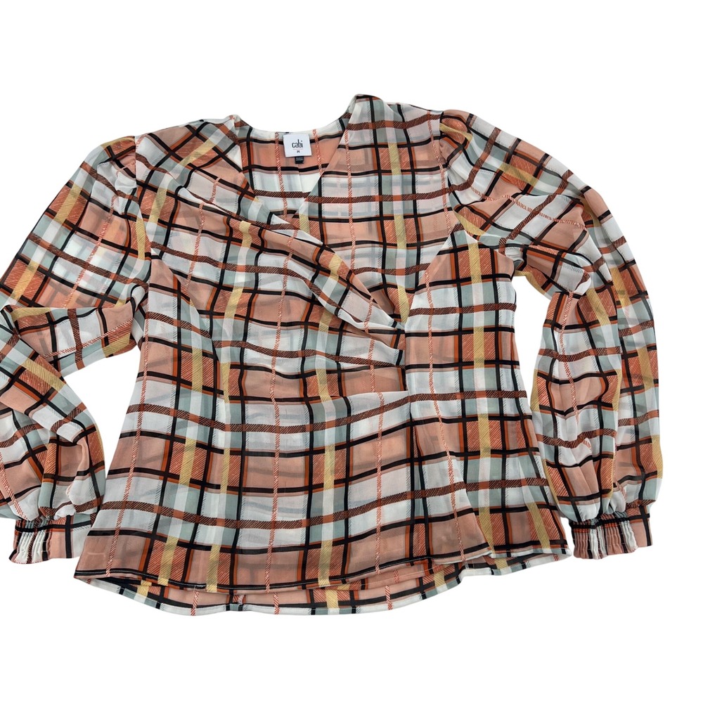 Cabi 6295 Womens Plaid Wrap Blouse Orange Yellow Black Bishop Sleeve Size Medium